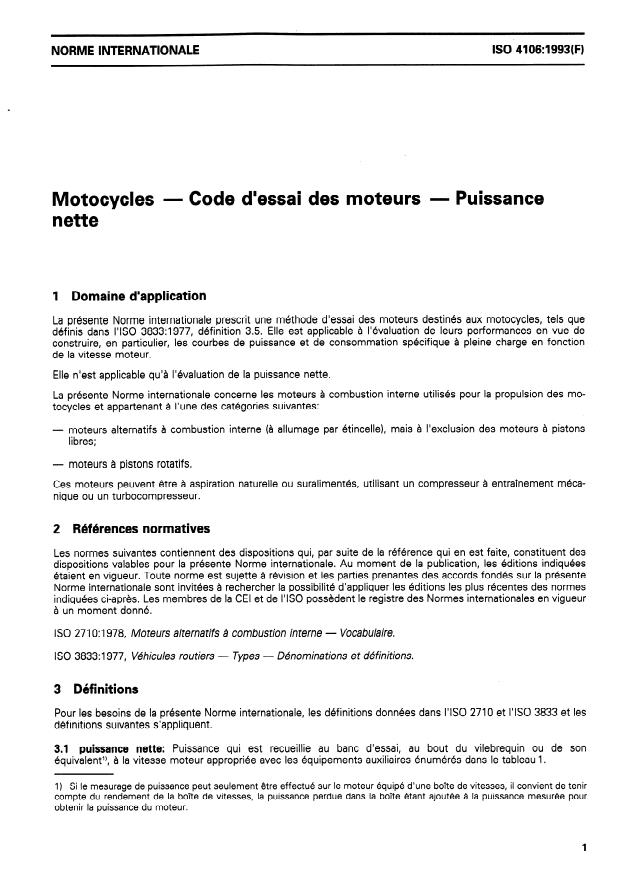 ISO 4106:1993 - Motocycles -- Code d'essai des moteurs -- Puissance nette