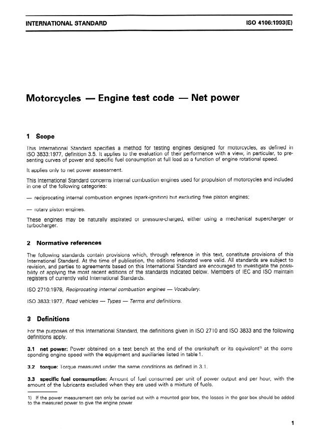 ISO 4106:1993 - Motorcycles -- Engine test code -- Net power