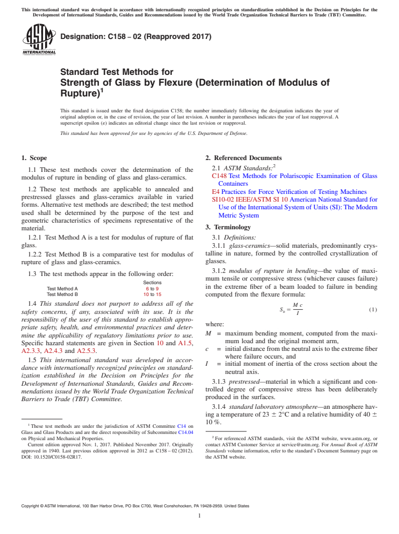 ASTM C158-02(2017) - Standard Test Methods for  Strength of Glass by Flexure (Determination of Modulus of Rupture)