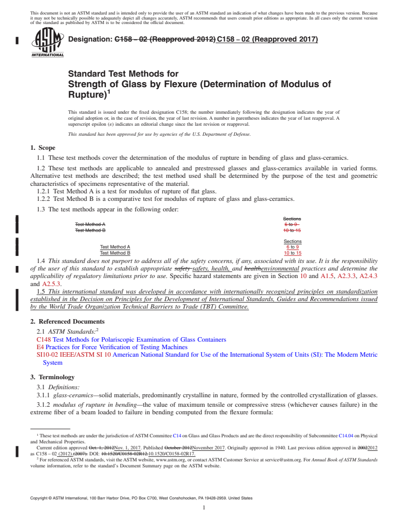 REDLINE ASTM C158-02(2017) - Standard Test Methods for  Strength of Glass by Flexure (Determination of Modulus of Rupture)