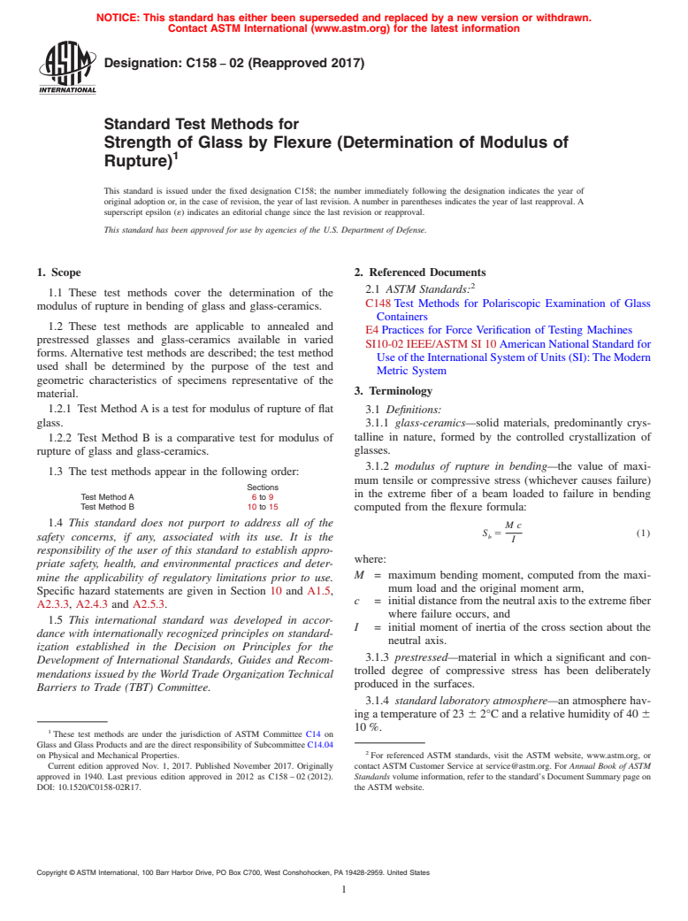 ASTM C158-02(2017) - Standard Test Methods for  Strength of Glass by Flexure (Determination of Modulus of Rupture)