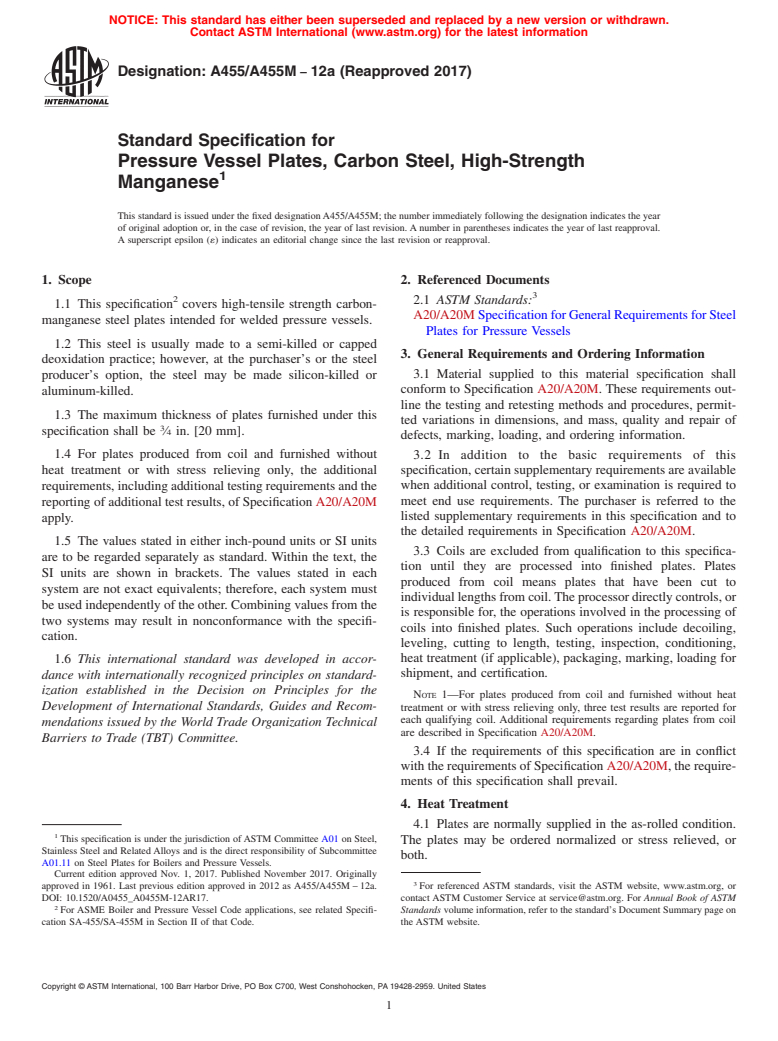 ASTM A455/A455M-12a(2017) - Standard Specification for  Pressure Vessel Plates, Carbon Steel, High-Strength Manganese