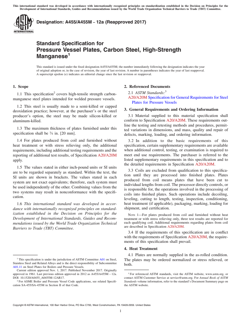 ASTM A455/A455M-12a(2017) - Standard Specification for  Pressure Vessel Plates, Carbon Steel, High-Strength Manganese