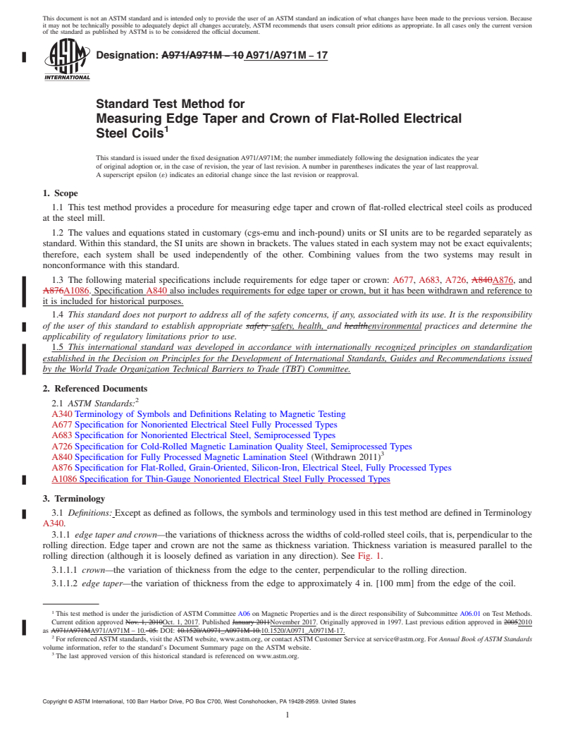 REDLINE ASTM A971/A971M-17 - Standard Test Method for  Measuring Edge Taper and Crown of Flat-Rolled Electrical Steel   Coils