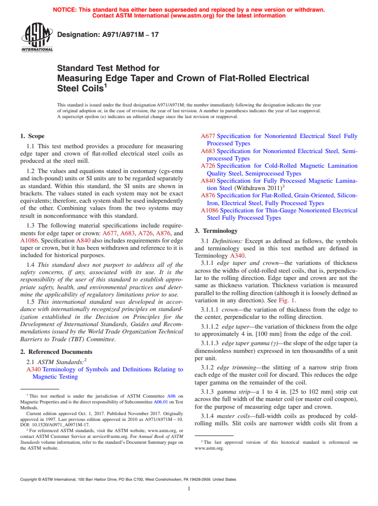 ASTM A971/A971M-17 - Standard Test Method for  Measuring Edge Taper and Crown of Flat-Rolled Electrical Steel   Coils