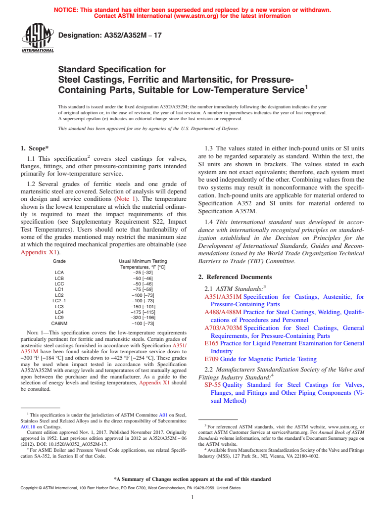 ASTM A352/A352M-17 - Standard Specification for  Steel Castings, Ferritic and Martensitic, for Pressure-Containing   Parts, Suitable for Low-Temperature Service