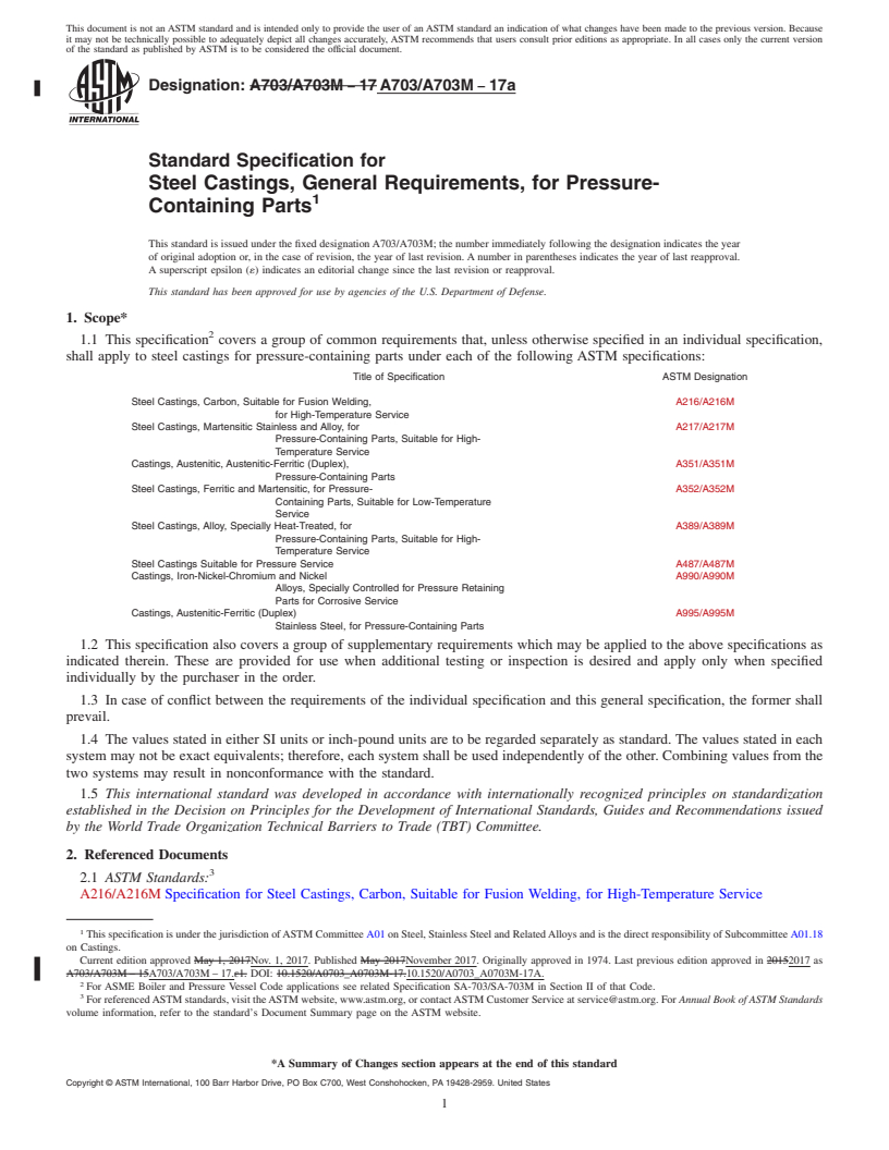 REDLINE ASTM A703/A703M-17a - Standard Specification for  Steel Castings, General Requirements, for Pressure-Containing  Parts