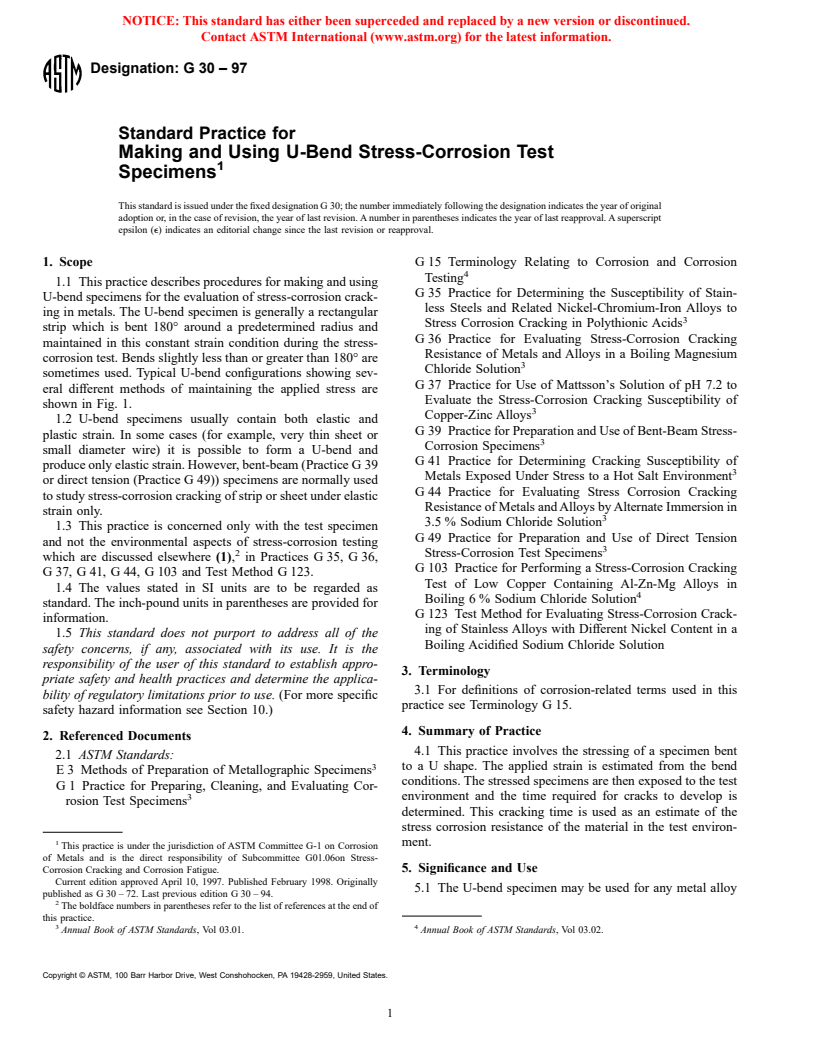 ASTM G30-97 - Standard Practice for Making and Using U-Bend Stress-Corrosion Test Specimens