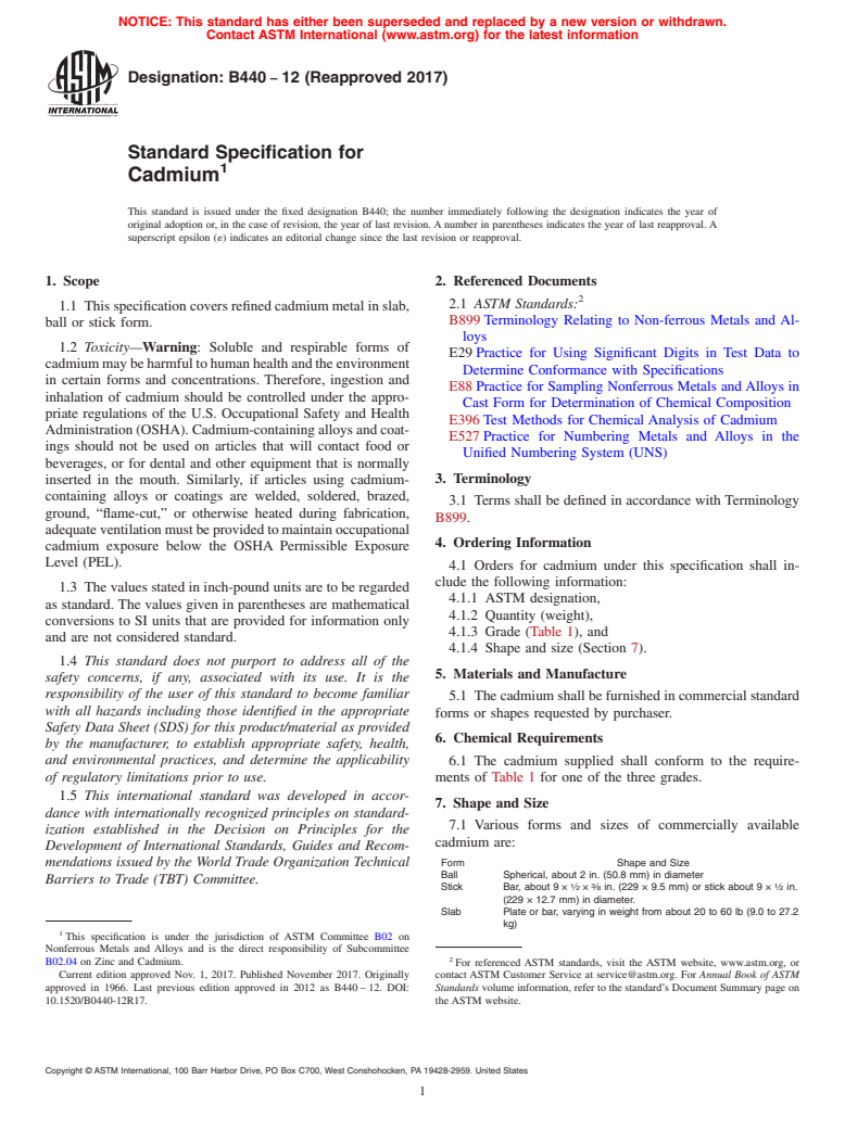 ASTM B440-12(2017) - Standard Specification for Cadmium