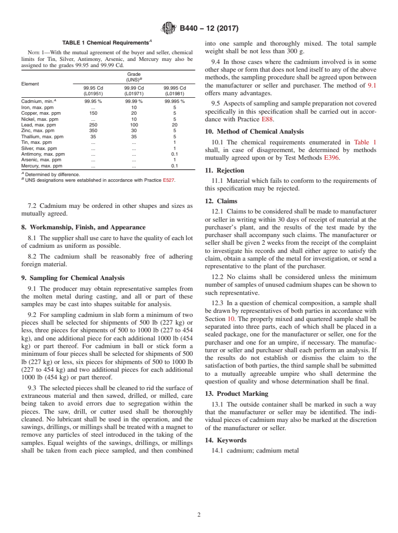 ASTM B440-12(2017) - Standard Specification for Cadmium