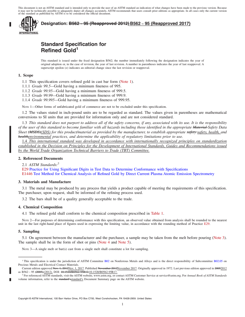 REDLINE ASTM B562-95(2017) - Standard Specification for Refined Gold