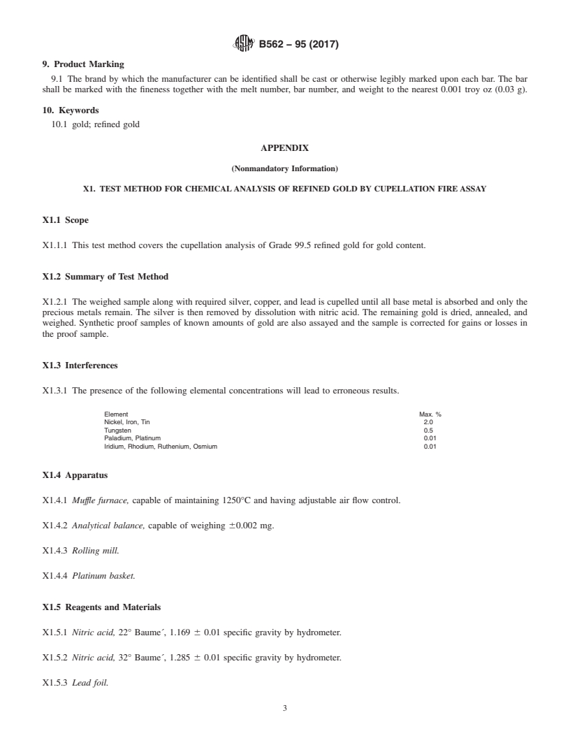 REDLINE ASTM B562-95(2017) - Standard Specification for Refined Gold