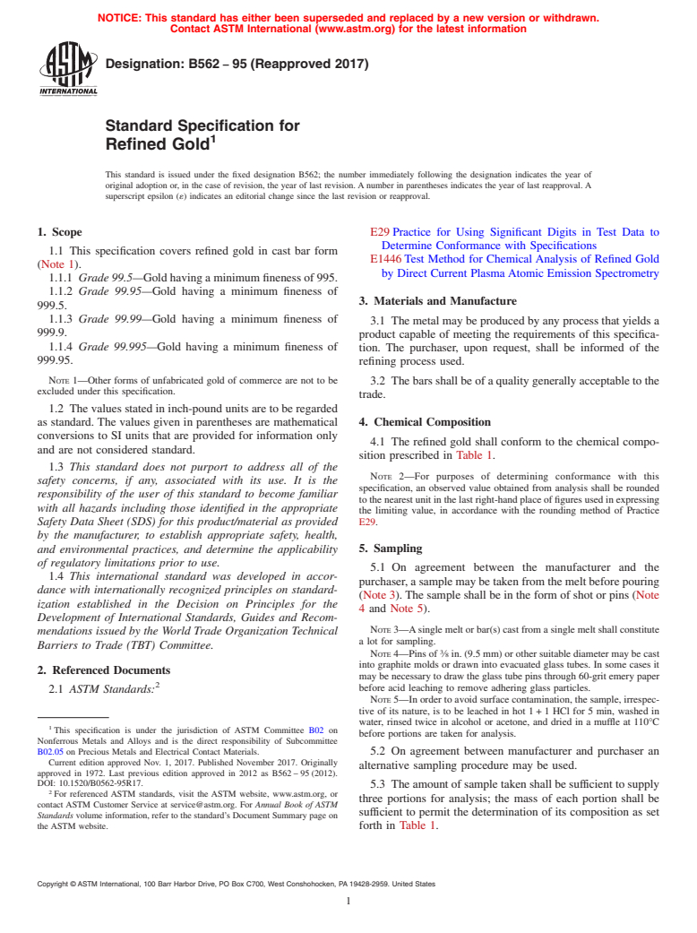 ASTM B562-95(2017) - Standard Specification for Refined Gold