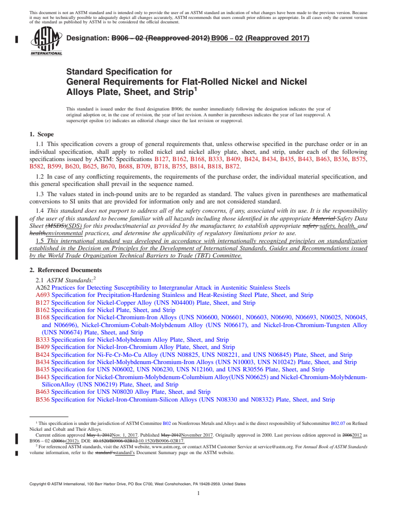 REDLINE ASTM B906-02(2017) - Standard Specification for General Requirements for Flat-Rolled Nickel and Nickel Alloys  Plate, Sheet, and Strip