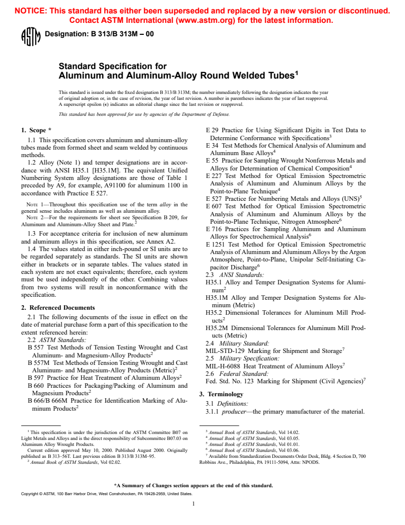 ASTM B313/B313M-00 - Standard Specification for Aluminum and Aluminum-Alloy Round Welded Tubes