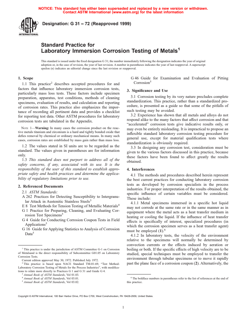 ASTM G31-72(1999) - Standard Practice for Laboratory Immersion Corrosion Testing of Metals