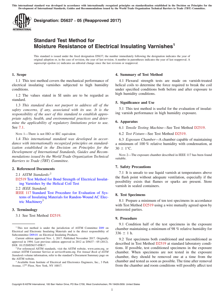 ASTM D5637-05(2017) - Standard Test Method for  Moisture Resistance of Electrical Insulating Varnishes