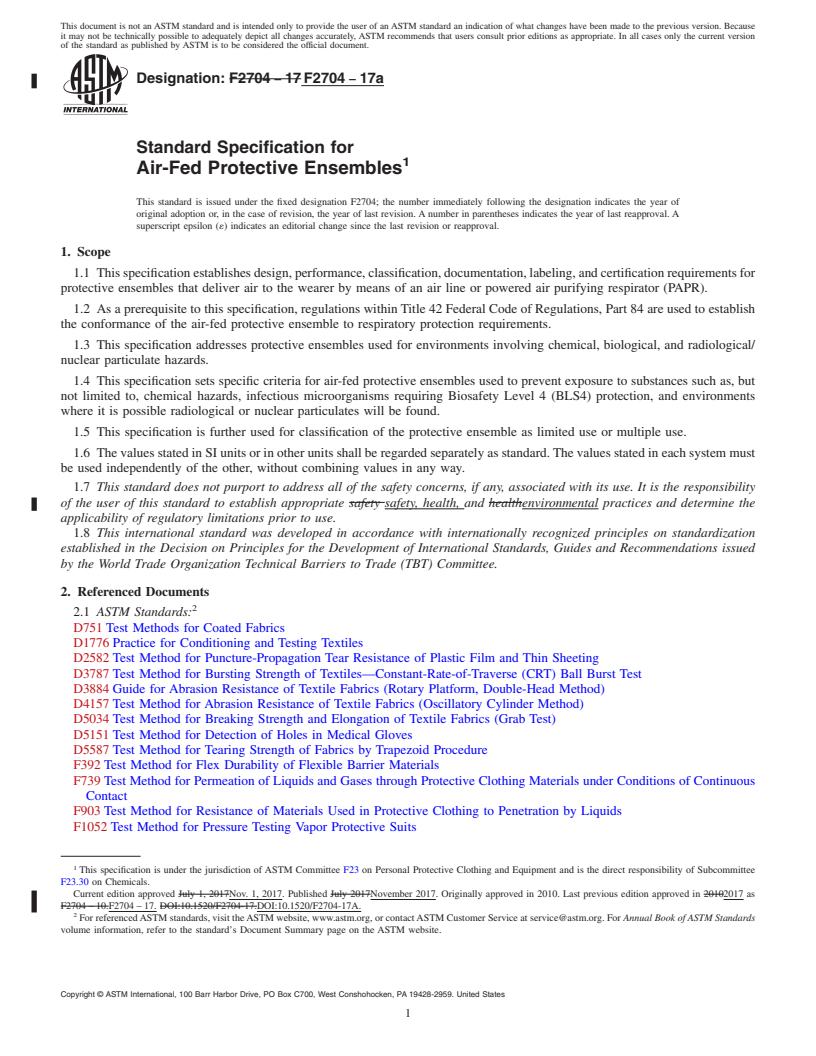 REDLINE ASTM F2704-17a - Standard Specification for  Air-Fed Protective Ensembles