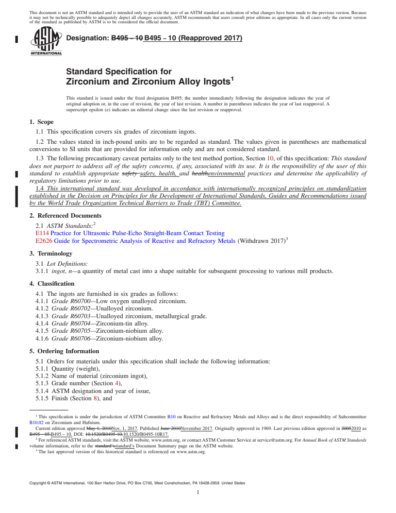 REDLINE ASTM B495-10(2017) - Standard Specification for Zirconium and Zirconium Alloy Ingots