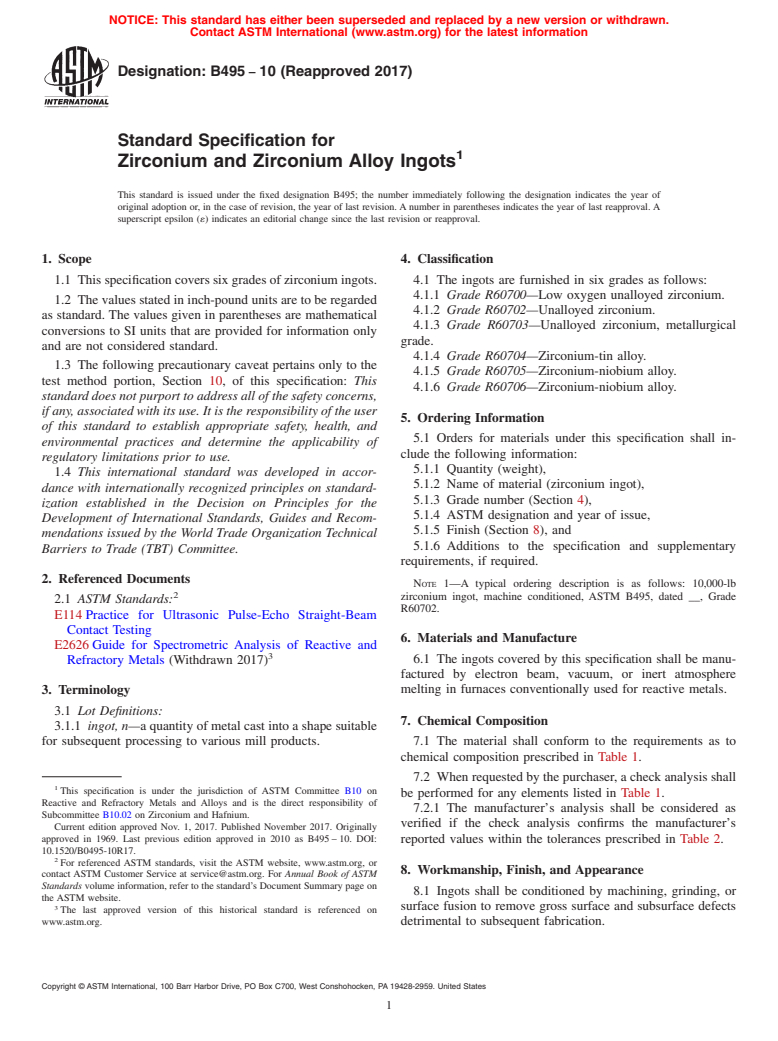 ASTM B495-10(2017) - Standard Specification for Zirconium and Zirconium Alloy Ingots