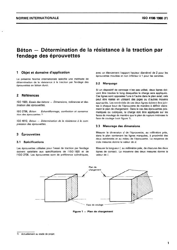 ISO 4108:1980 - Béton -- Détermination de la résistance a la traction par fendage des éprouvettes