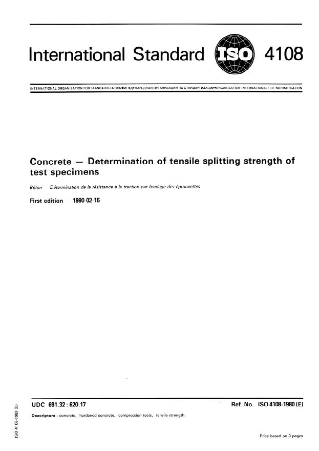 ISO 4108:1980 - Concrete -- Determination of tensile splitting strength of test specimens