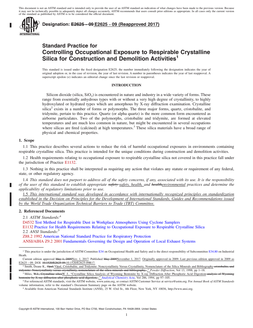 REDLINE ASTM E2625-09(2017) - Standard Practice for  Controlling Occupational Exposure to Respirable Crystalline  Silica for Construction and Demolition Activities