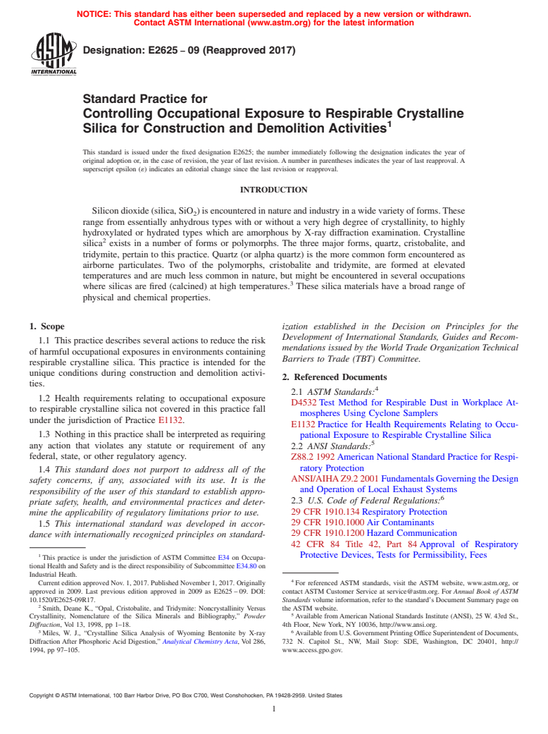 ASTM E2625-09(2017) - Standard Practice for  Controlling Occupational Exposure to Respirable Crystalline  Silica for Construction and Demolition Activities