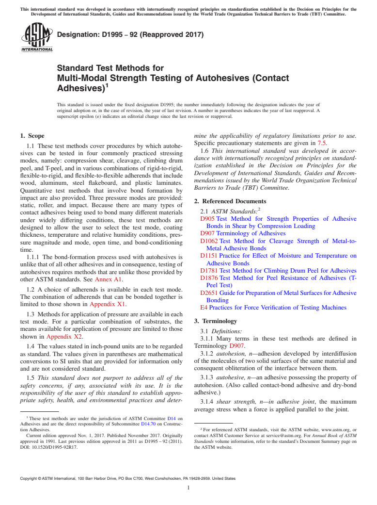 ASTM D1995-92(2017) - Standard Test Methods for Multi-Modal Strength Testing of Autohesives (Contact Adhesives)