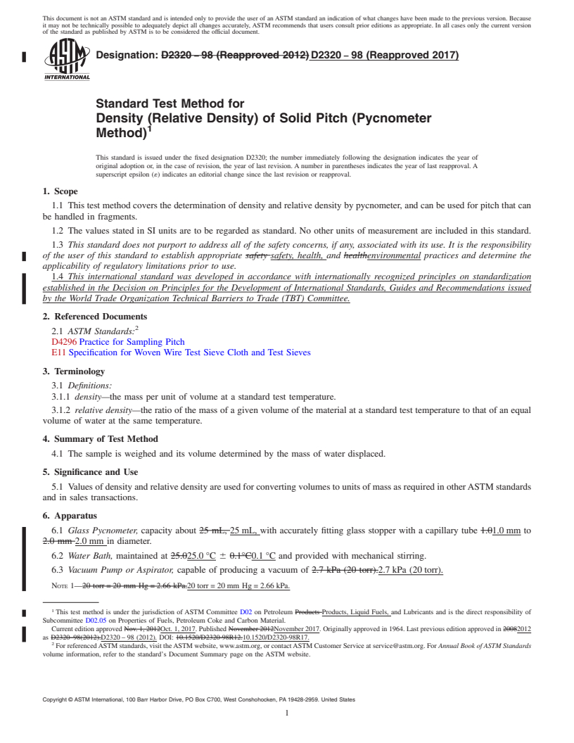 REDLINE ASTM D2320-98(2017) - Standard Test Method for  Density (Relative Density) of Solid Pitch (Pycnometer Method)