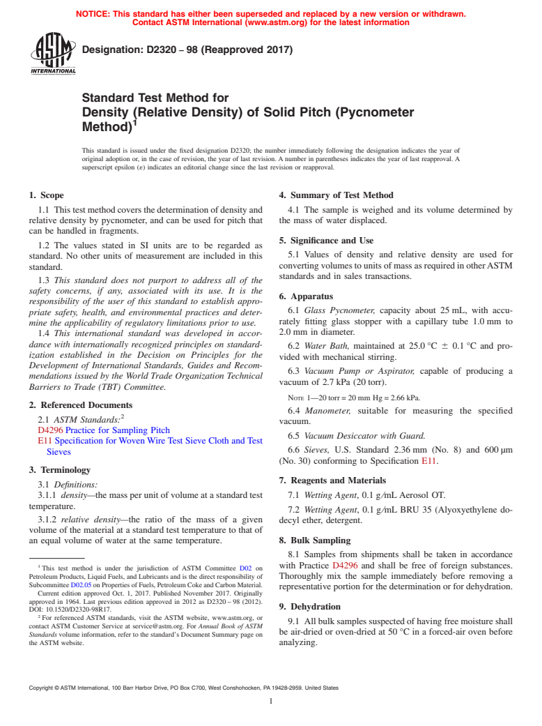 ASTM D2320-98(2017) - Standard Test Method for  Density (Relative Density) of Solid Pitch (Pycnometer Method)