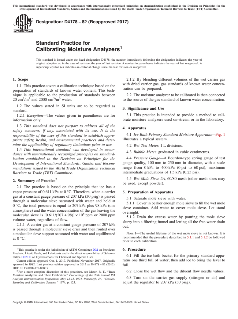 ASTM D4178-82(2017) - Standard Practice for  Calibrating Moisture Analyzers