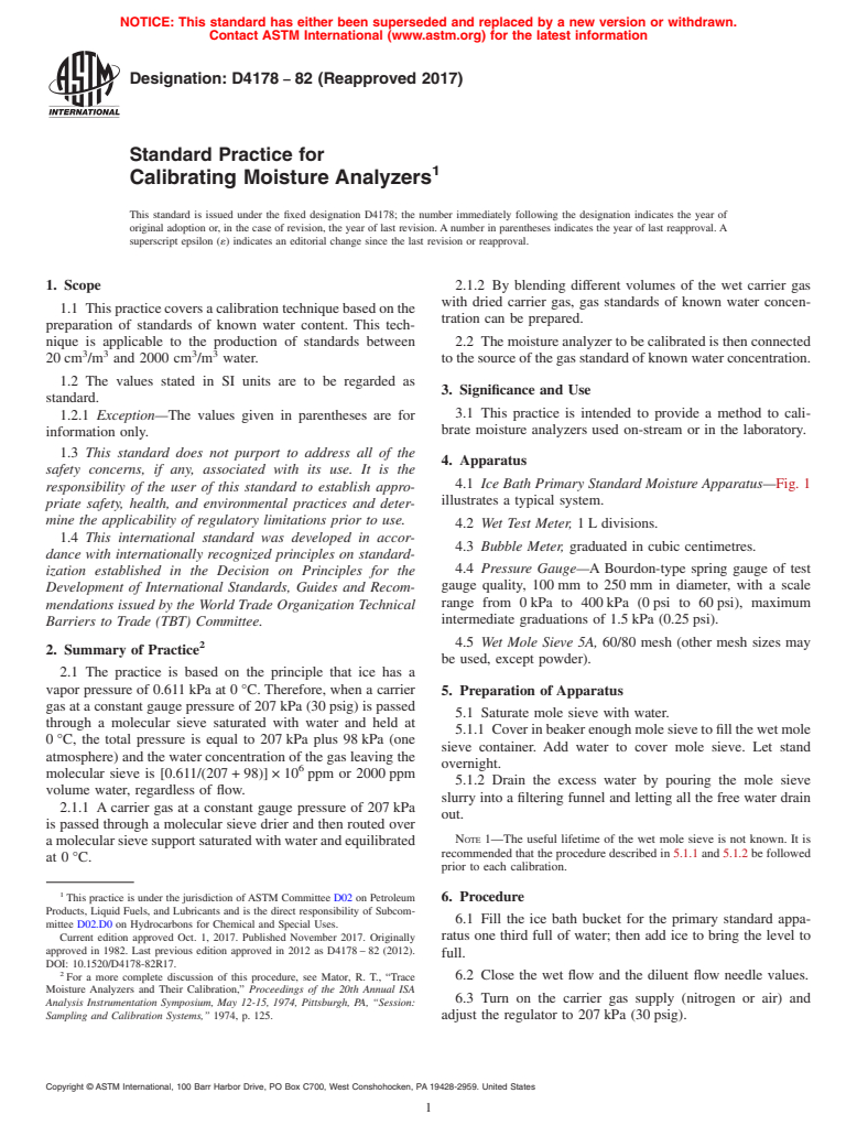 ASTM D4178-82(2017) - Standard Practice for  Calibrating Moisture Analyzers