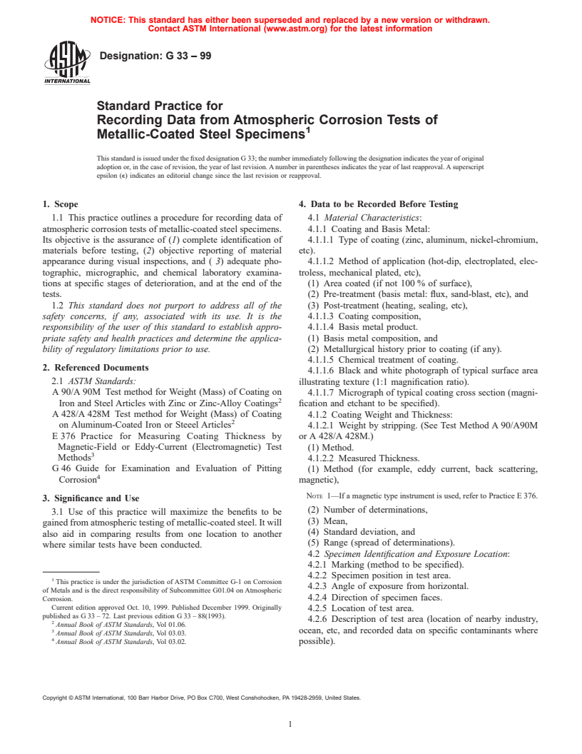 ASTM G33-99 - Standard Practice for Recording Data from Atmospheric Corrosion Tests of Metallic-Coated Steel Specimens