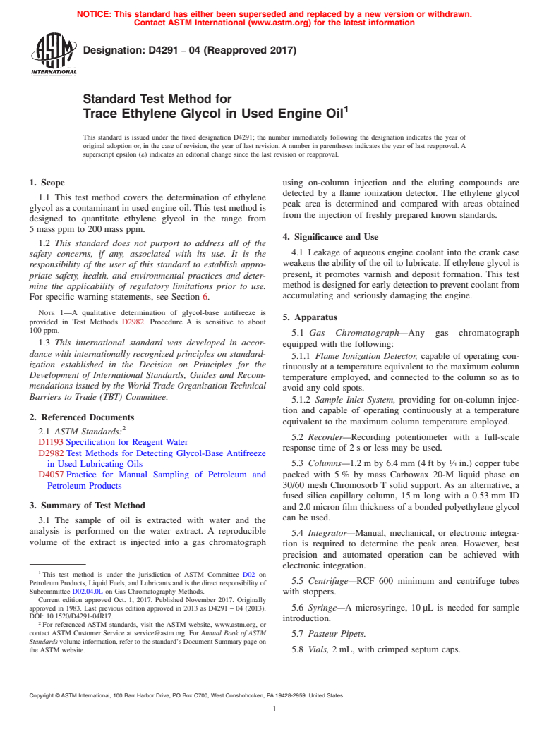 ASTM D4291-04(2017) - Standard Test Method for  Trace Ethylene Glycol in Used Engine Oil