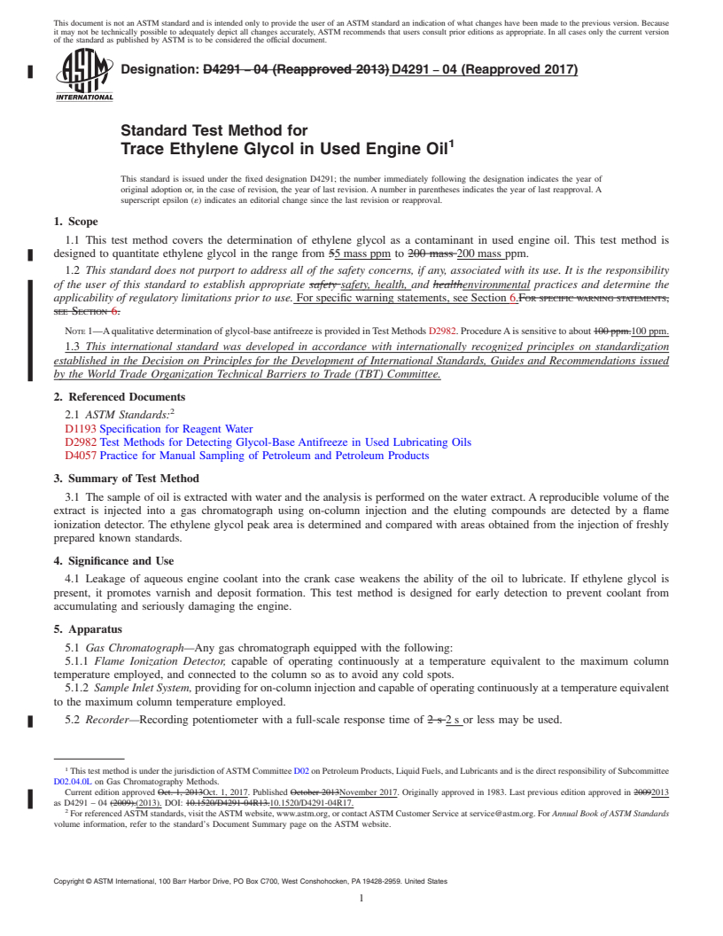 REDLINE ASTM D4291-04(2017) - Standard Test Method for  Trace Ethylene Glycol in Used Engine Oil