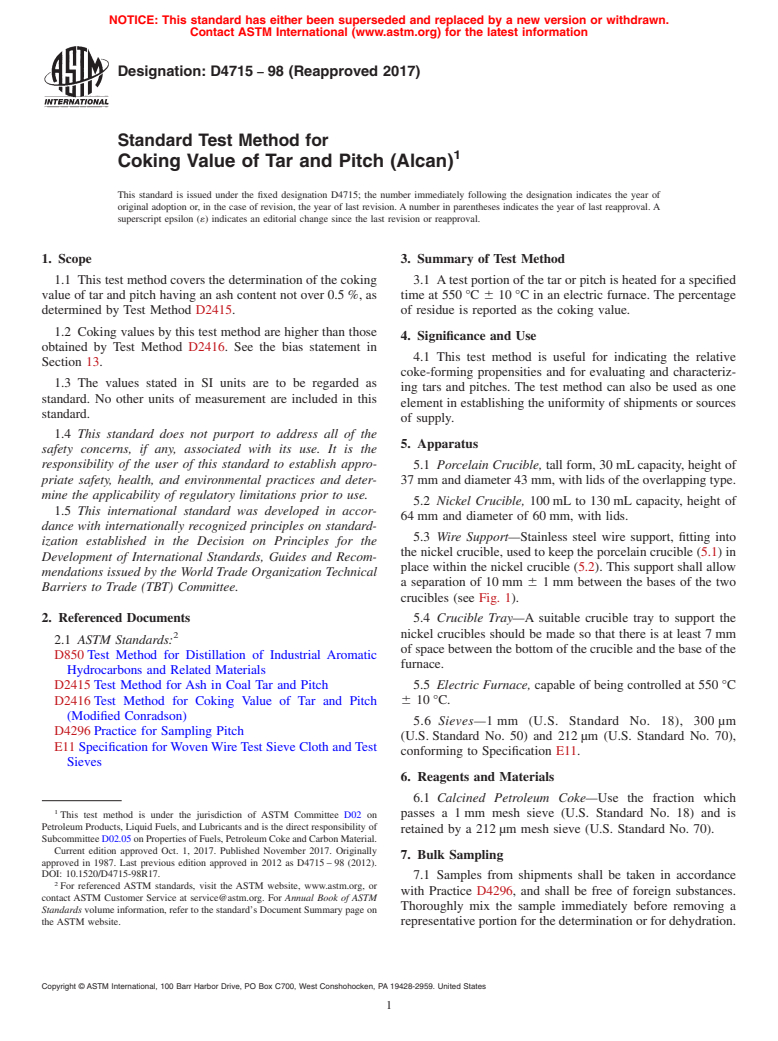 ASTM D4715-98(2017) - Standard Test Method for  Coking Value of Tar and Pitch (Alcan)