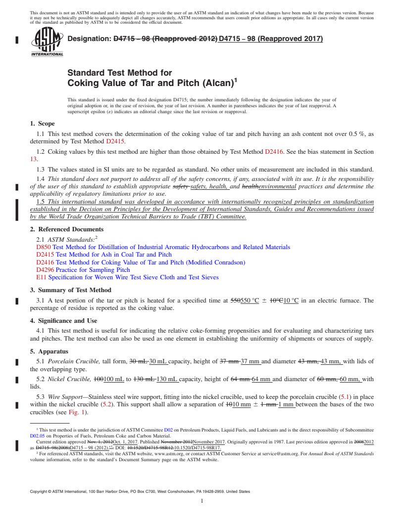 REDLINE ASTM D4715-98(2017) - Standard Test Method for  Coking Value of Tar and Pitch (Alcan)