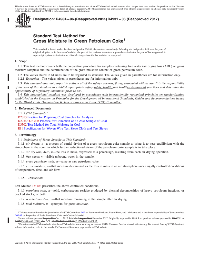 REDLINE ASTM D4931-06(2017) - Standard Test Method for  Gross Moisture in Green Petroleum Coke