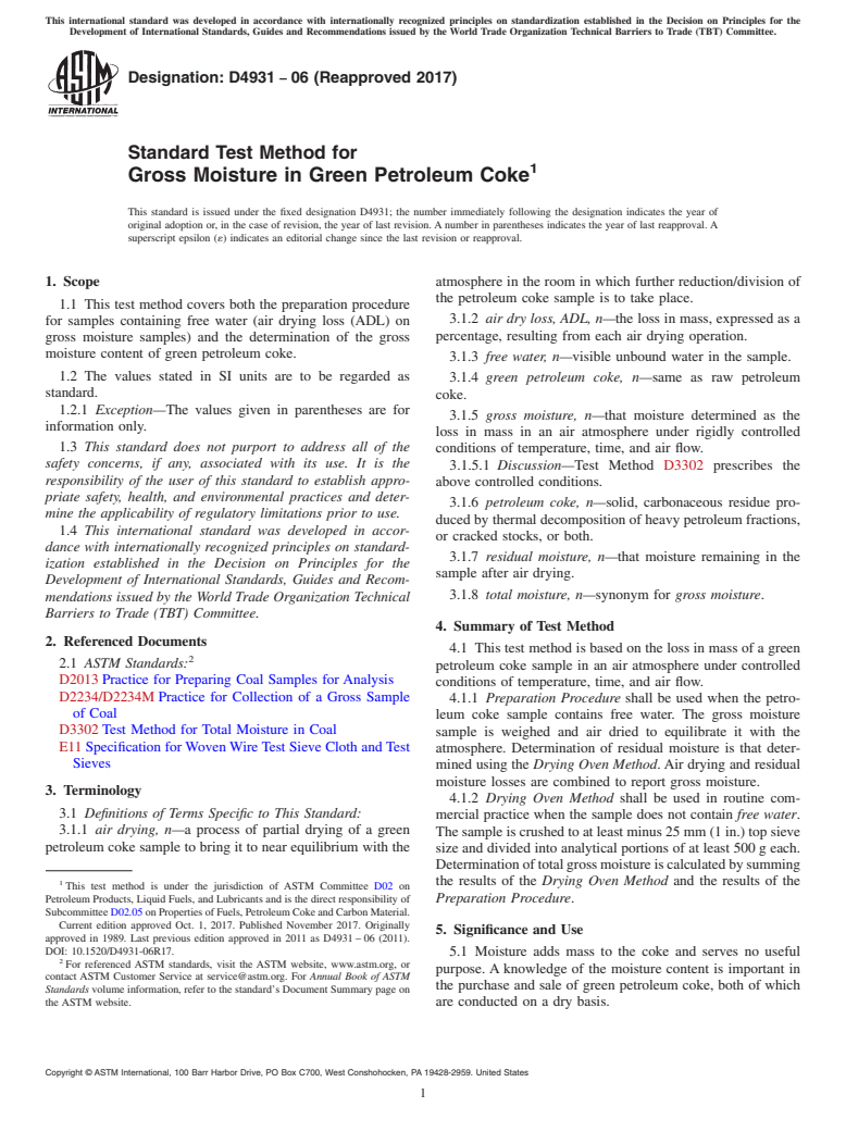 ASTM D4931-06(2017) - Standard Test Method for  Gross Moisture in Green Petroleum Coke