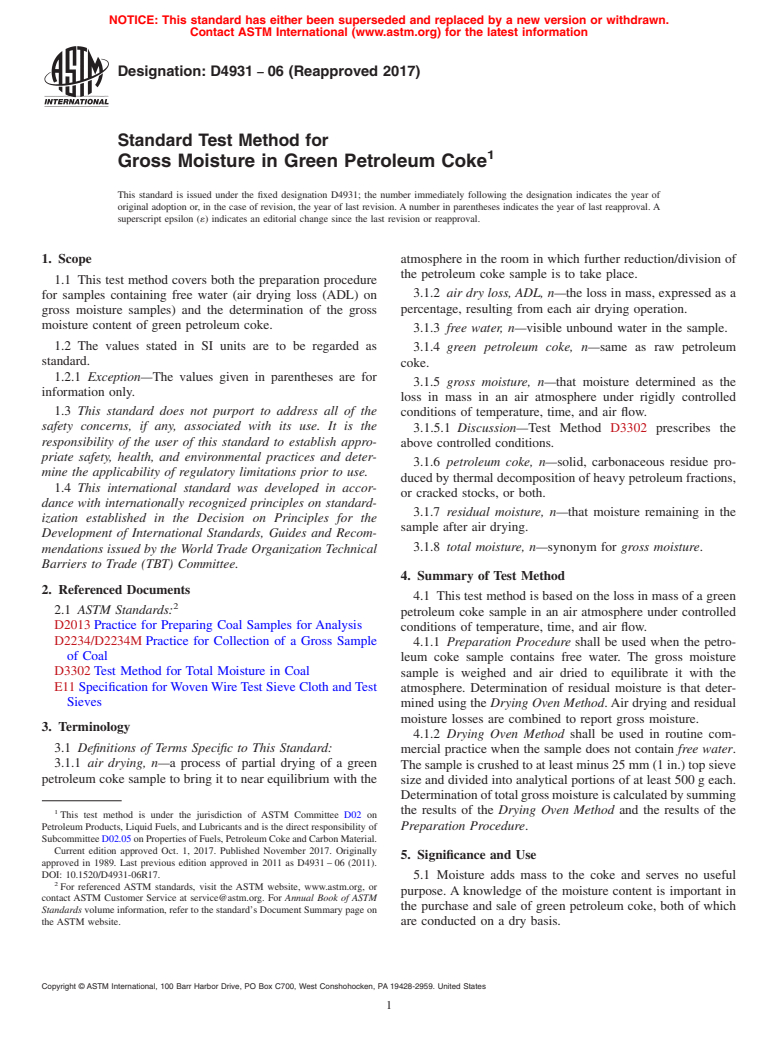 ASTM D4931-06(2017) - Standard Test Method for  Gross Moisture in Green Petroleum Coke