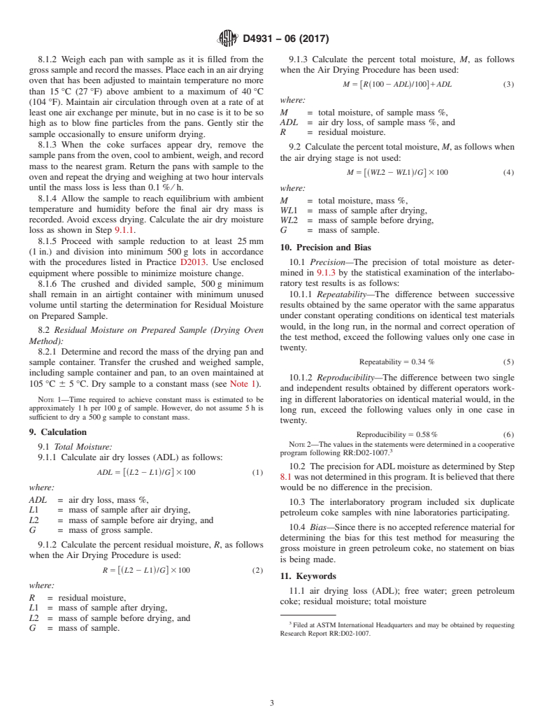 ASTM D4931-06(2017) - Standard Test Method for  Gross Moisture in Green Petroleum Coke