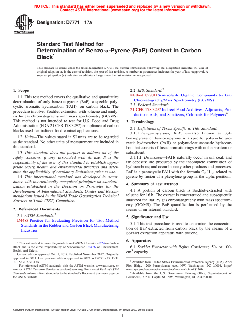 ASTM D7771-17a - Standard Test Method for Determination of Benzo-&#x3b1;-Pyrene (BaP) Content in Carbon  Black