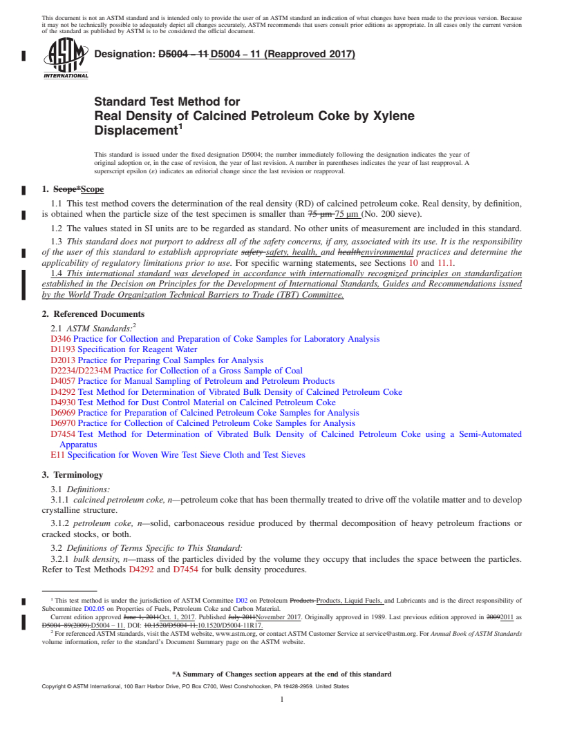 REDLINE ASTM D5004-11(2017) - Standard Test Method for  Real Density of Calcined Petroleum Coke by Xylene Displacement