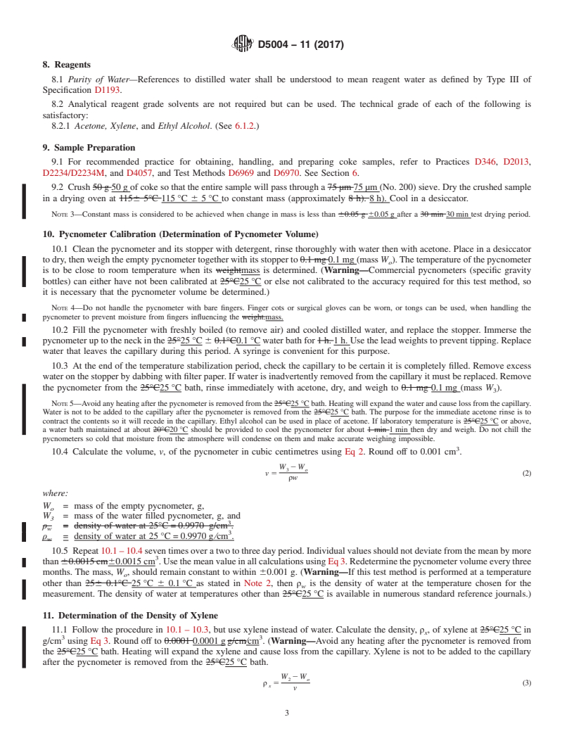 REDLINE ASTM D5004-11(2017) - Standard Test Method for  Real Density of Calcined Petroleum Coke by Xylene Displacement