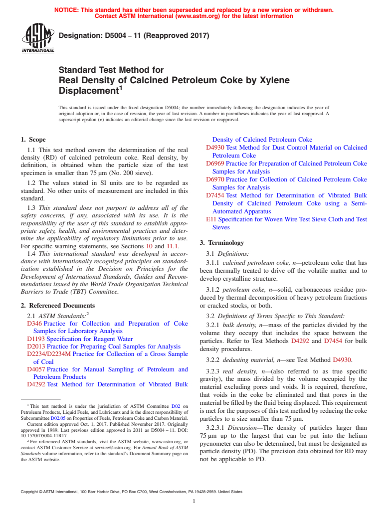 ASTM D5004-11(2017) - Standard Test Method for  Real Density of Calcined Petroleum Coke by Xylene Displacement