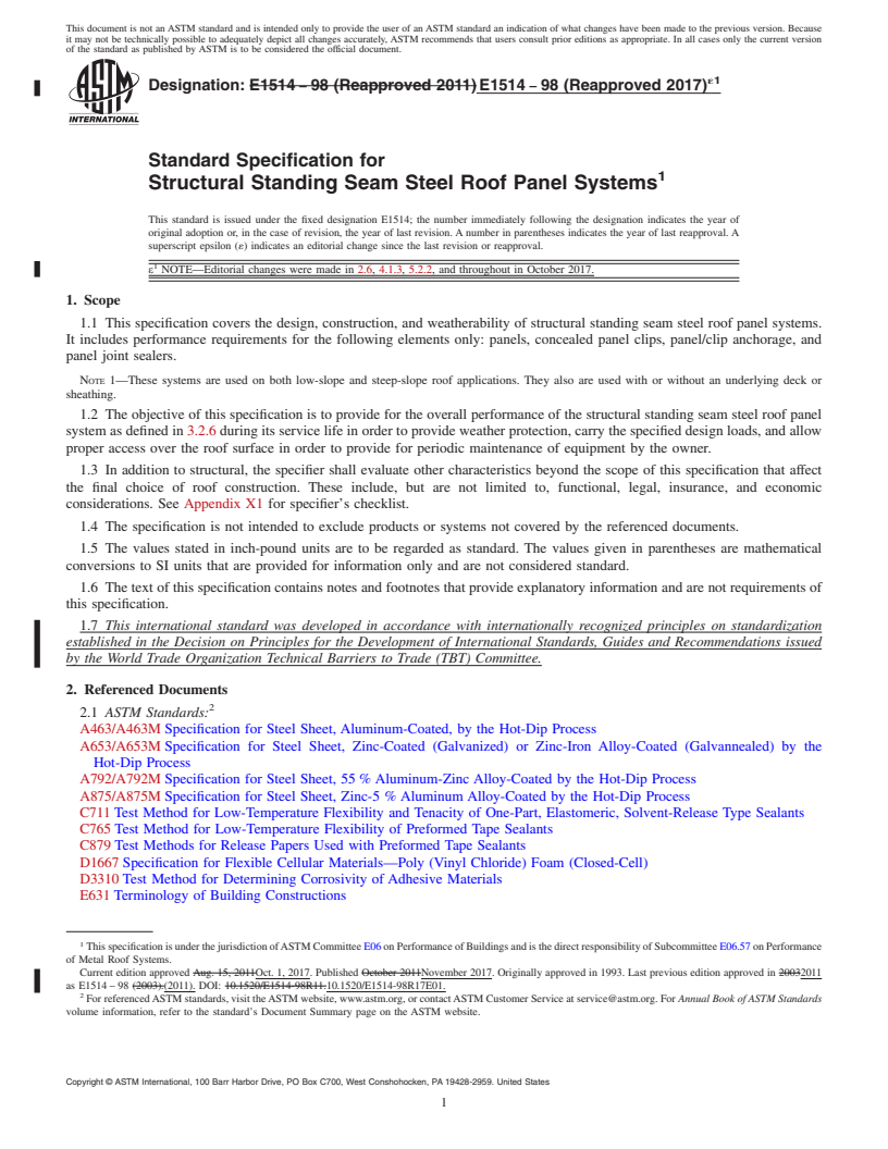 REDLINE ASTM E1514-98(2017)e1 - Standard Specification for Structural Standing Seam Steel Roof Panel Systems