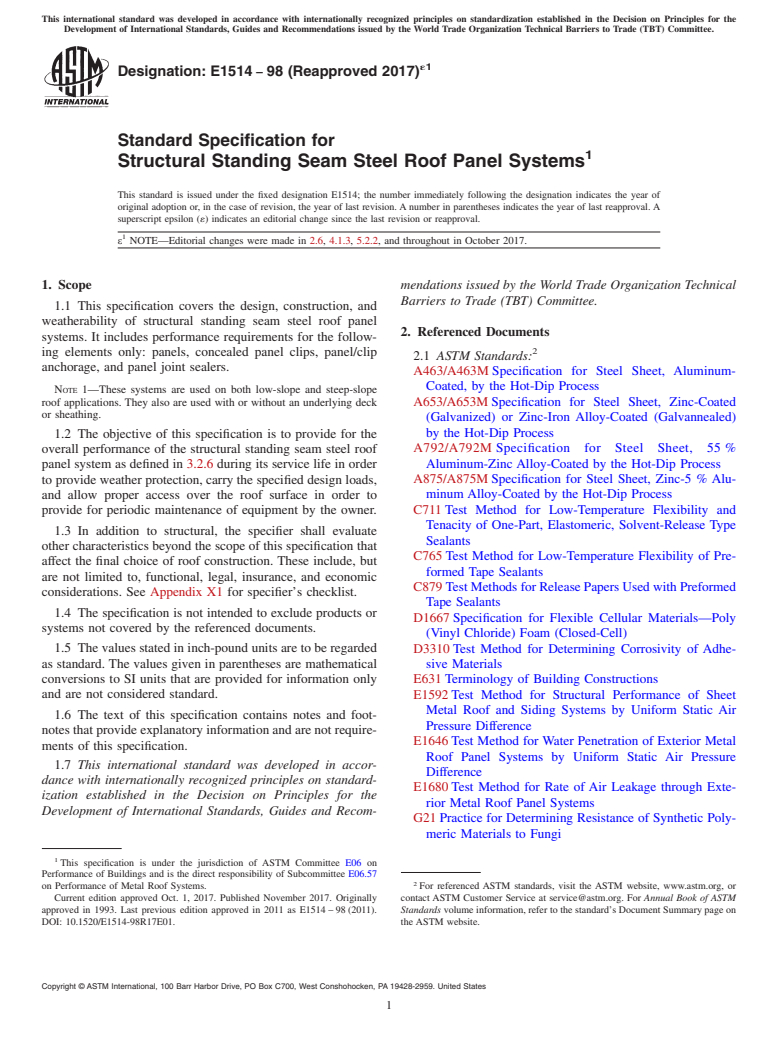 ASTM E1514-98(2017)e1 - Standard Specification for Structural Standing Seam Steel Roof Panel Systems