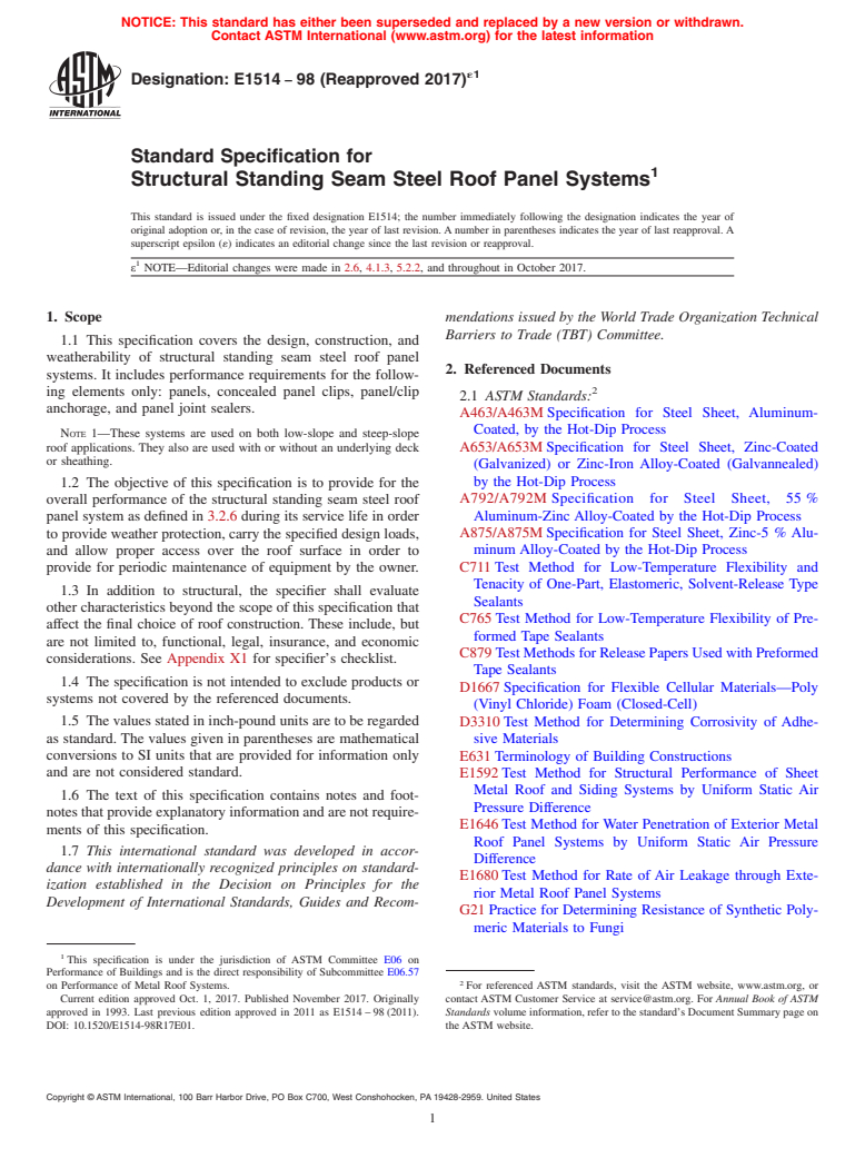 ASTM E1514-98(2017)e1 - Standard Specification for Structural Standing Seam Steel Roof Panel Systems