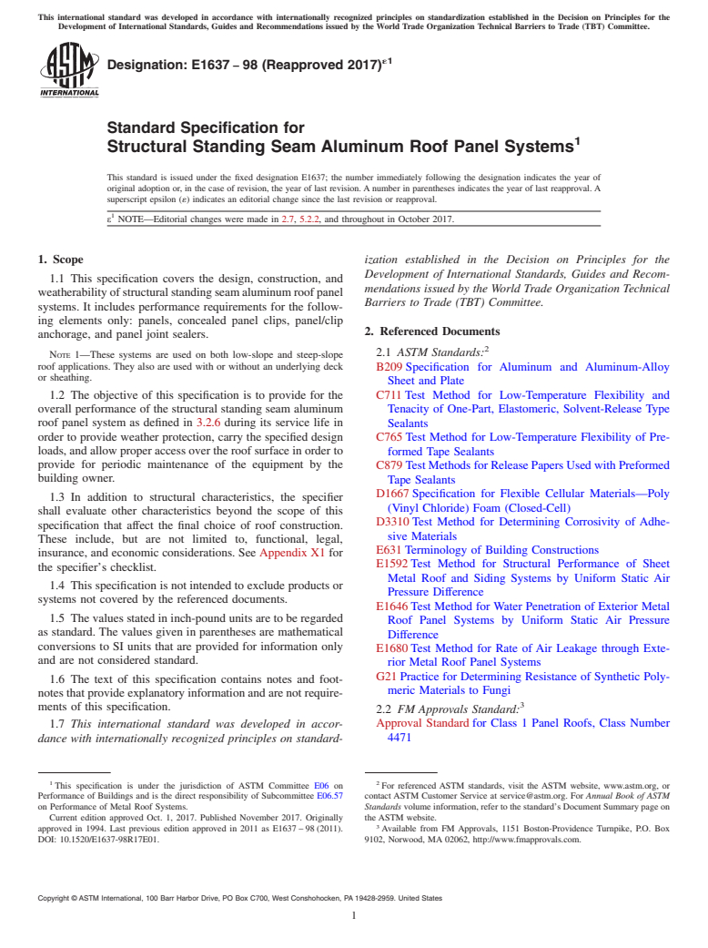 ASTM E1637-98(2017)e1 - Standard Specification for Structural Standing Seam Aluminum Roof Panel Systems